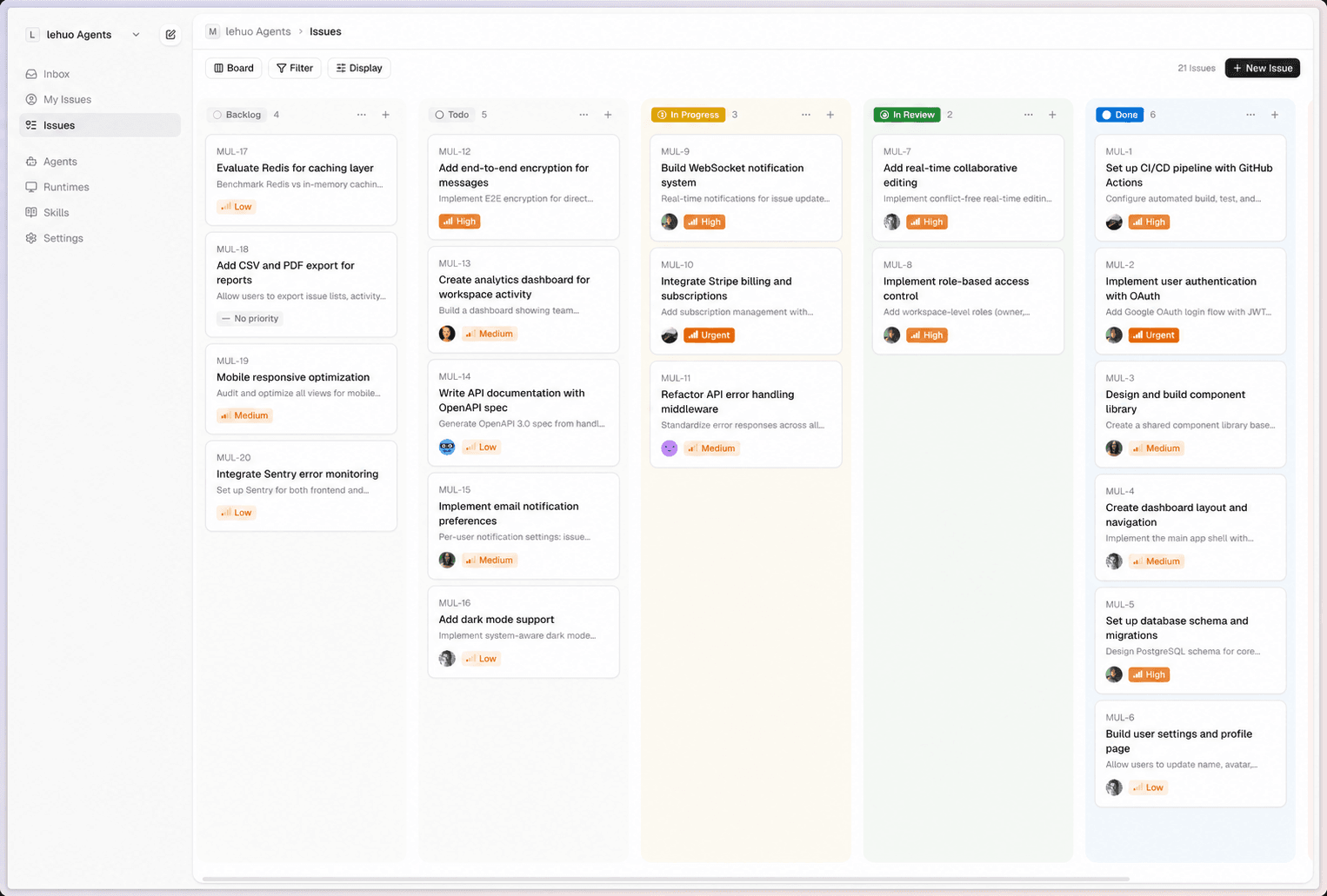 lehuo Agents board view — issues managed by humans and agents